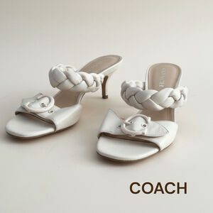 Coach White Braided Leather S
slides Kitten Heel Mules Shoes 8.5